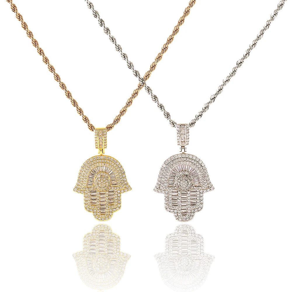 Hip Hop Antique Pendant Charms Gold Crystal Stone Iced Baguette Hamsa Hands Brass Necklace with Zircon Paved Hand Jewelry Making