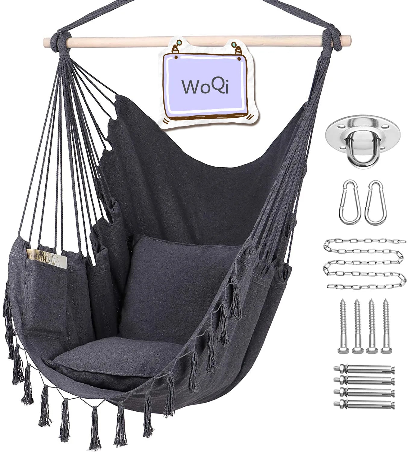 WOQI  Hammock Chair Hanging Rope Swing  Large Macrame Hanging Chair with Pocket Cotton