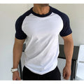 Raglan Shoulder Cotton T-Shirt for Workouts Patchwork Print Pattern 220 Gram Silk Screen Printing Lightweight Workout Shirt
