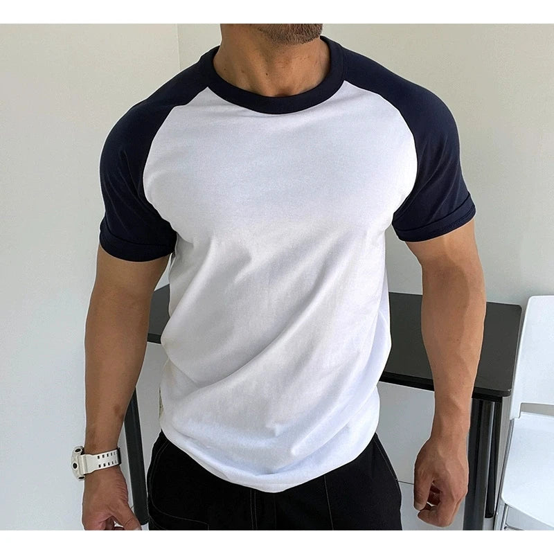 Raglan Shoulder Cotton T-Shirt for Workouts Patchwork Print Pattern 220 Gram Silk Screen Printing Lightweight Workout Shirt