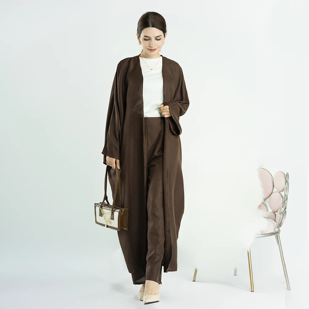 2023 Loriya New Style Abaya Muslim Women Linen Islamic Clothing Open Abaya and Pants 2PCS Abaya Set