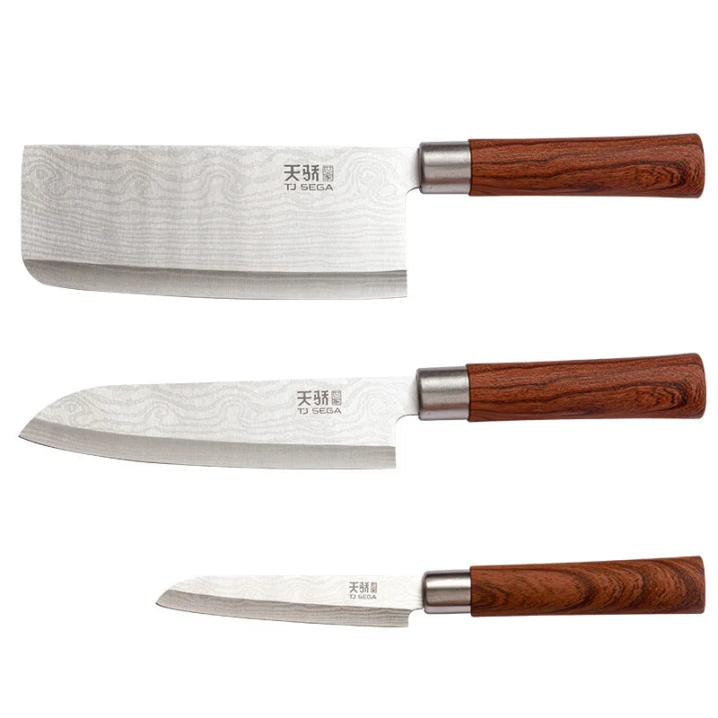 Cheap Eco-Friendly Handmade High Hardness 3cr13 Stainless Steel Kitchen Knife Set PP Handle Ambidextrous Laser Damascus Pattern MegaBDM