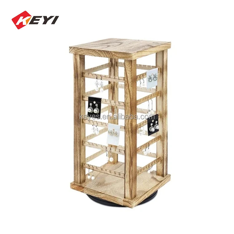 Customized Double-Sided Light Duty Modern Wooden Jewelry Display Stand Rotating Rack for Ear Pendants Supermarket Shelves