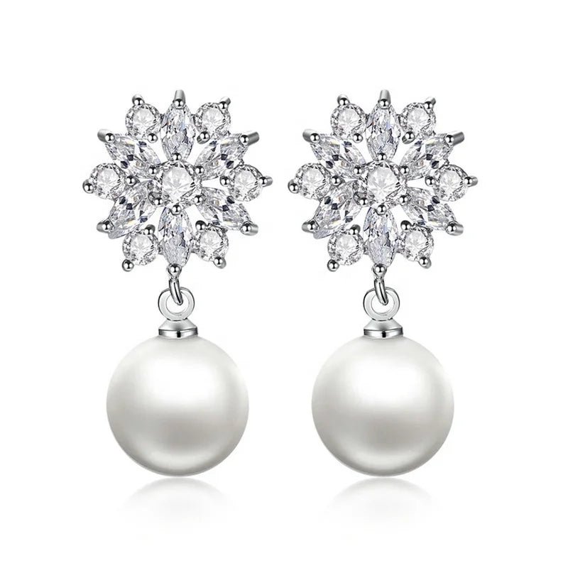 New Arrival Trendy  Female 925 Sterling Silver Jewelry Dazzling Cubic Zircon Elegant Party Gadget Peal Drop Earrings for Women