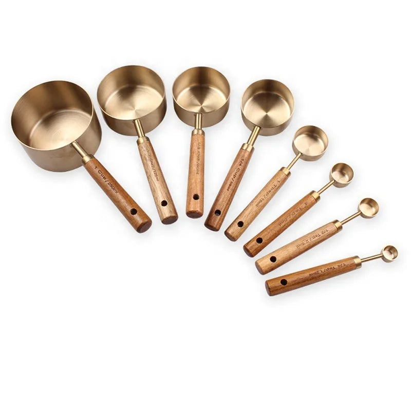 8pcs Luxury Golden Eco-Friendly Baking Measuring Tools 410 Stainless Steel Wooden Handle 250ml Measuring Cups Spoons Set Home