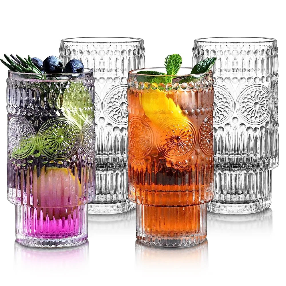 Vintage Embossed Glass Tumbler Highball Glasses Stackable Sunflower Drinks Glass Cup
