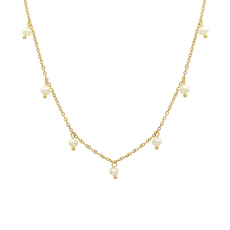 SP Elegant Style 18K Gold Plated Stainless Steel Freshwater Pearl Beads Choker Necklace