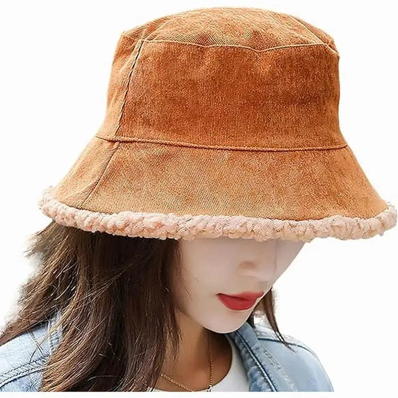 Custom logo Corduroy Fisherman Hat Winter Thermal Thicken Plush Double Sided Bucket Hat for Women