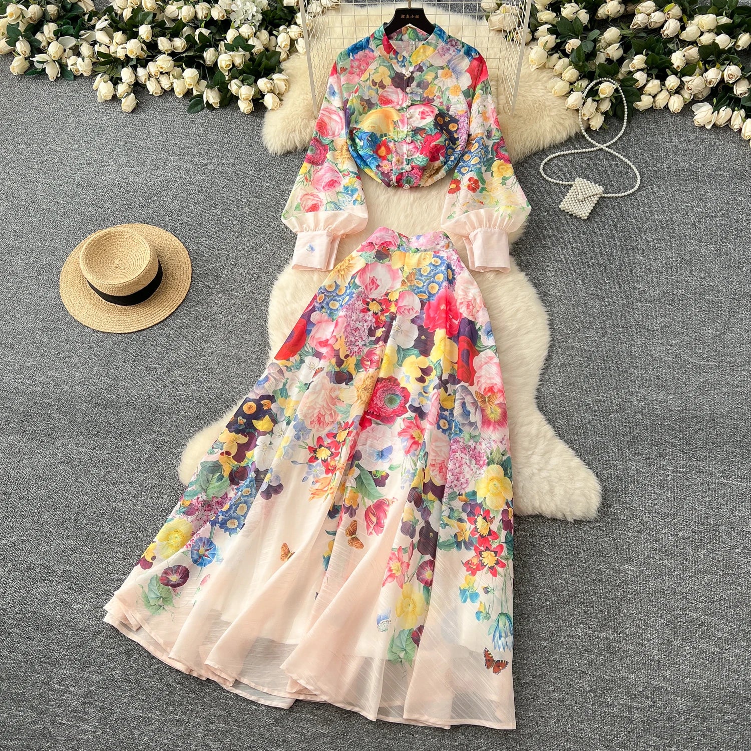 LW0726 2025 Spring Advanced Sense Lantern Sleeve Printed Shirt High Waist Long Skirt Two-Piece Set Casual Women'S Set