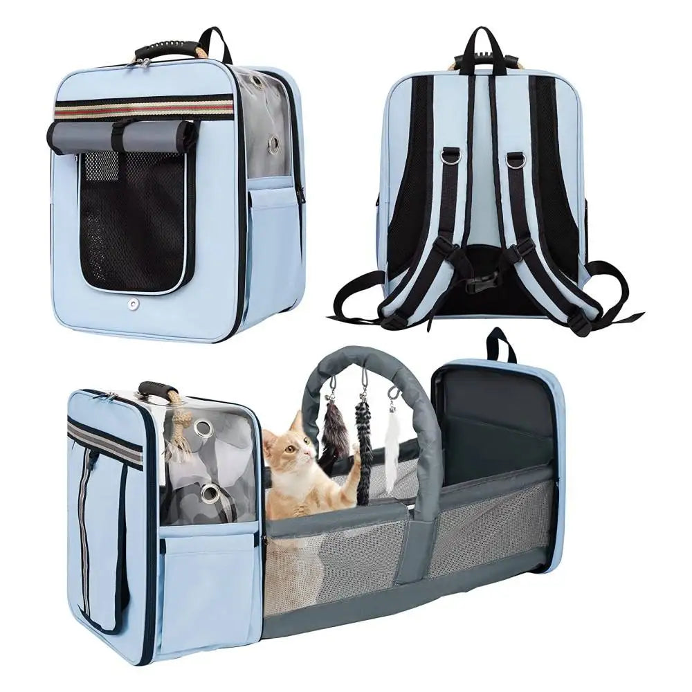 Portable Cat Backpack Pet Carrier Expandable Breathable Mesh with Zipper Closure Durable Oxford Material Leather Metal Hardware