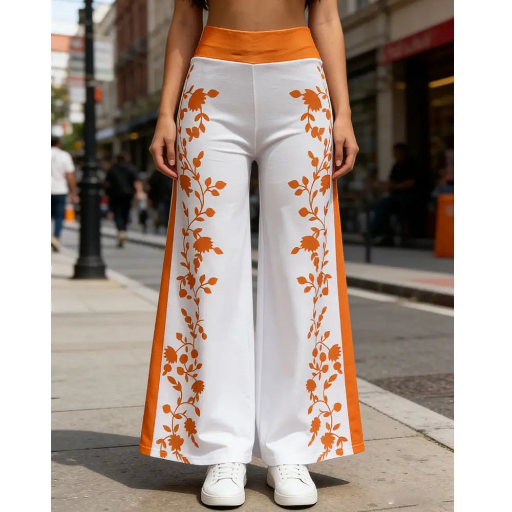 Custom Logo Women's Loose Breathable High-Waist Casual Flower Print White Long Wide Leg Pants