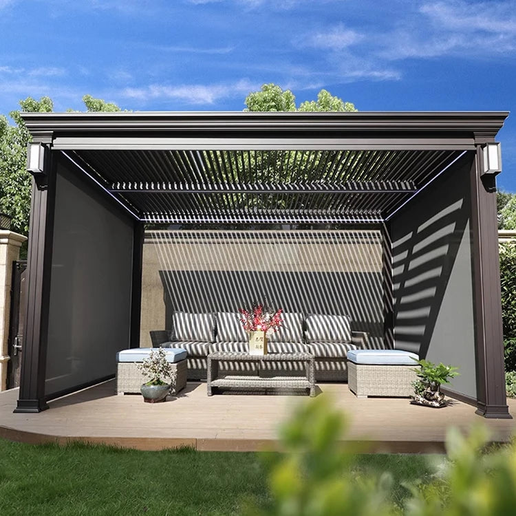Electric Adjustable Bioclimatic Aluminum Pergola with Retractable Canopy Gazebo Pavilion Louvered Design