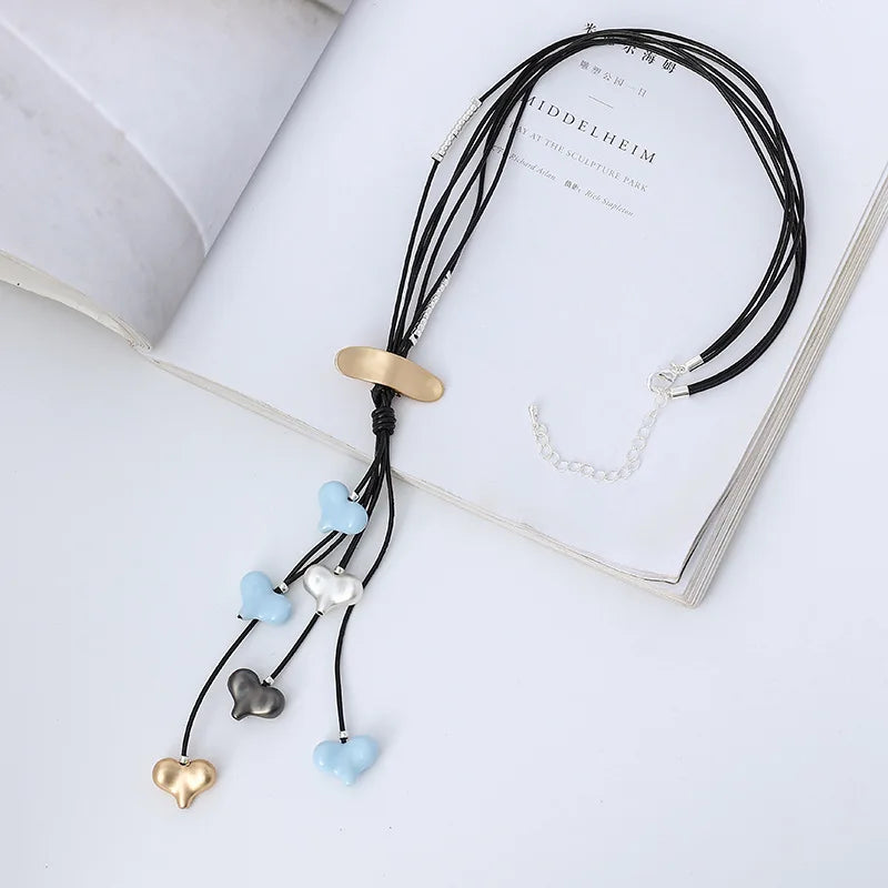Boho Heart Pendant Long Leather Necklace Ethnic Jewelry Lariat Necklace for Women