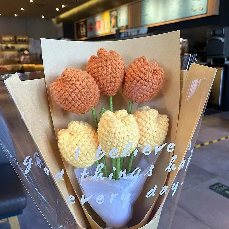 Personalized Flower Woven Cotton Knitted Handmade Rose Tulips Daisy Flowers Wedding Birthday Decoration Gifts for Mother's Day