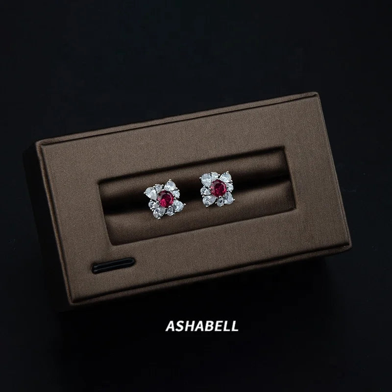 New Jewelry Pigeon Blood Ruby 5A ZIRCON Earrings 925 Sterling Silver Small Delicate Simple Versatile Earrings