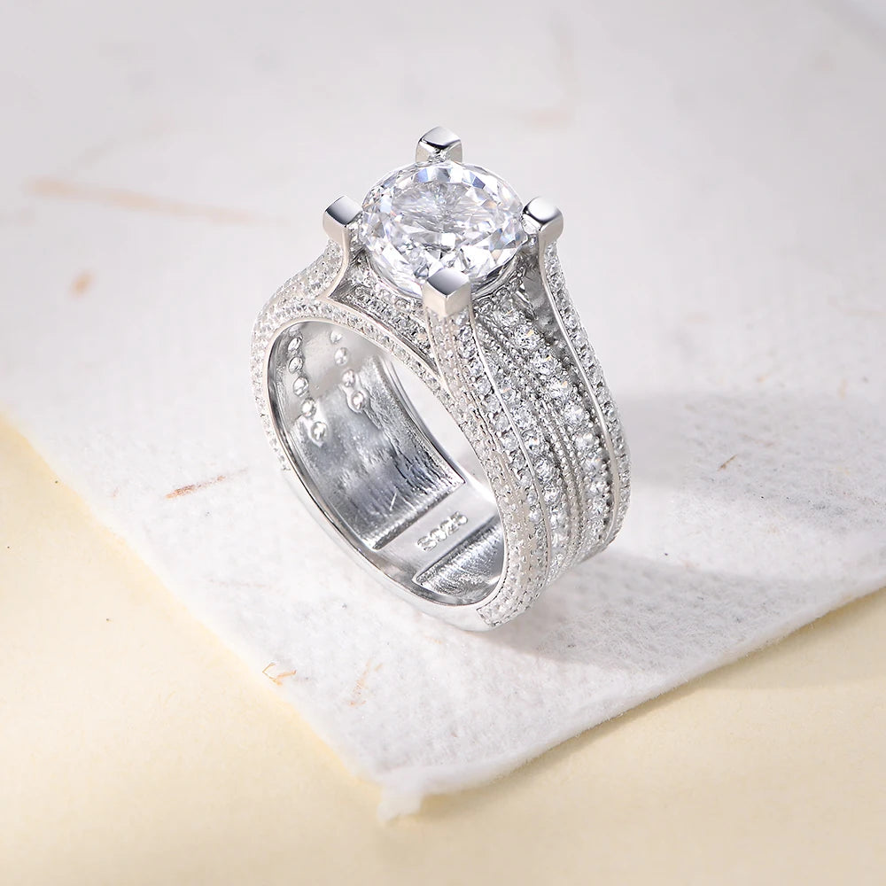 Wholesale S925 Sterling Silver 5A Engagement Wedding Ring Fine Jewelry with Rhodium Plated Iced Cubic Zircon Classic for Parties