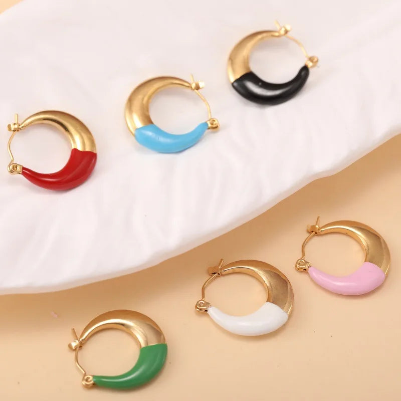 Summer Accessories Retro Dripping Oil Round Stainless Steel Earrings Simple and Versatile Fashion Luxury Earrings Wholesale