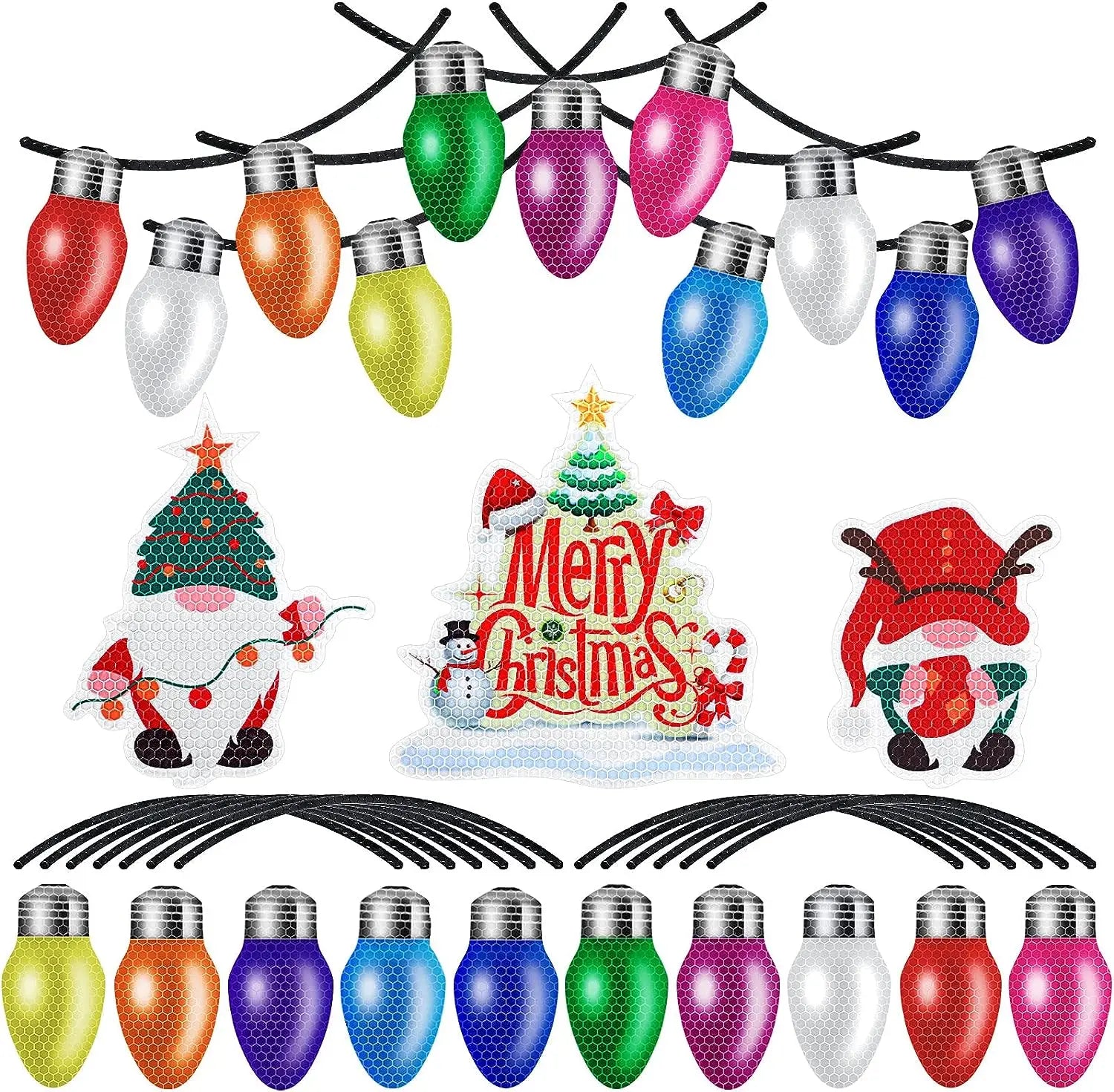 Christmas Reflective Custom Shape Car Magnets Set Includes Xmas Light Bulb Gnome and Animal Style Stickers with Wires for Decor