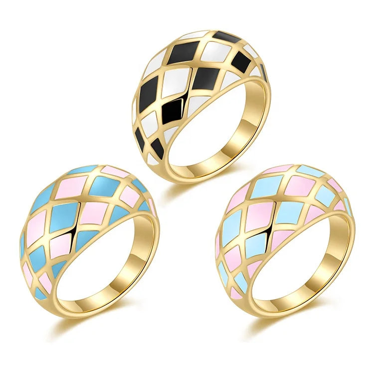 18K Gold Plated Stainless Steel Jewelry Diamond Colors Epoxy Accessories Rings R214135