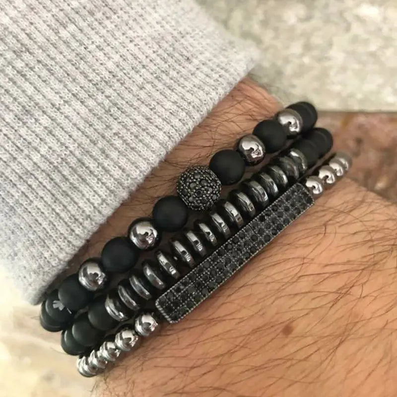 Black Frosted Wear Copper Zirconium Diamond Ball UFO Strip Bracelet Set Wholesale Men