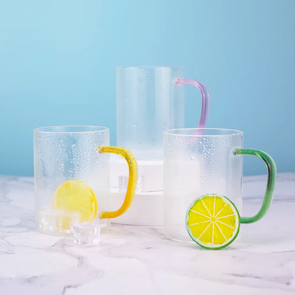 Auplex 450ML Colorful Crystal Handle Glass Drink Cups Glossy Clear with Custom Designs for Daily Use Mugs