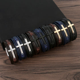 Mens Vintage Punk Jewelry Leather Rope Magnet Buckle Bracelet Handmade Multilayer Braided Wrap Leather Cross Bracelets