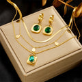 Women Emerald Gemstone Green Rhinestone Pendant Earring Necklace Stainless Steel Double Layer Chain Necklace