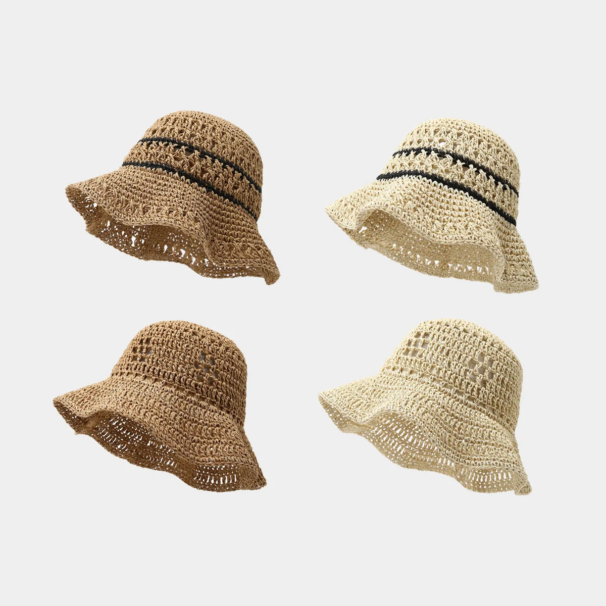 Women's Korean Style Spring Summer Paper Straw Hat Breathable Straw Shaped Bucket Hat for Seaside Holiday Leisure Beach