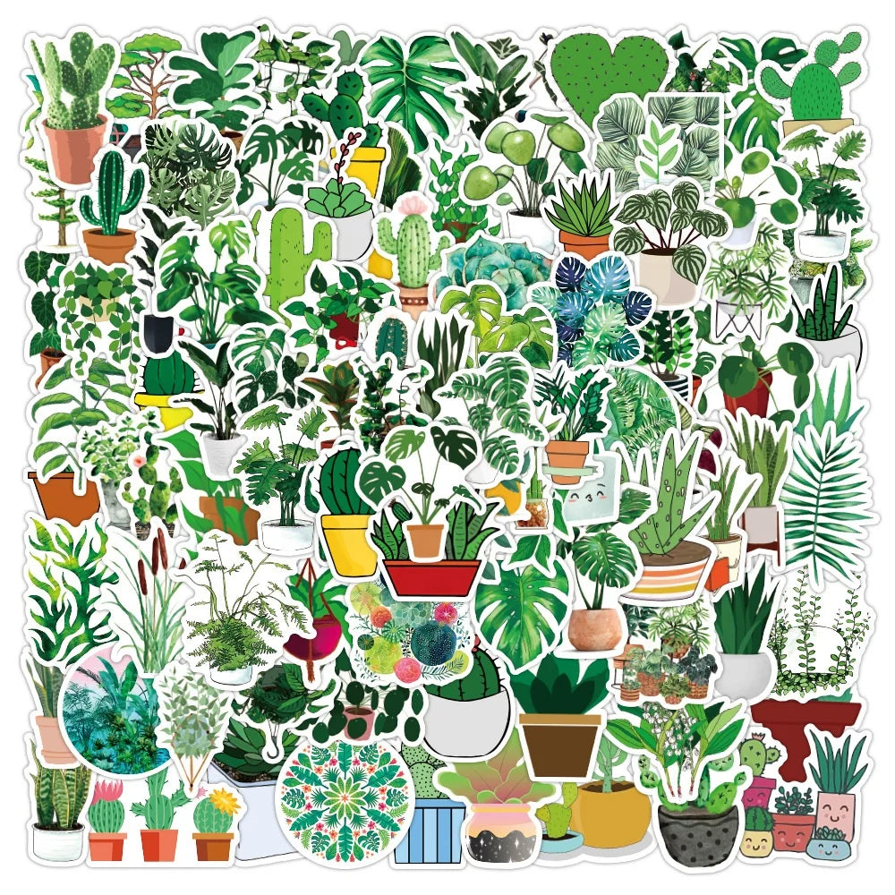 100pcs Green Plant Waterproof Pvc Graffiti Decorative Sticker Packs for Kids Luggage Notebook Skateboard Laptop Bottle Cup