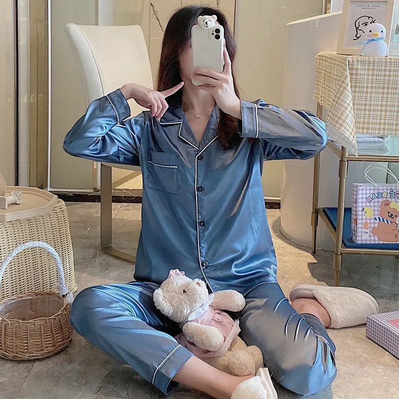 Hot Sale Women's Long Sleeve Cardigan Silk Pajamas Suit 2-Piece Casual Homewear Set Elastic Waist Ladies Nightwear Pajamas