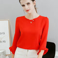 Women's Chiffon Blouse 100% Polyester Casual Solid Long Sleeve O-Neck Bow Sash Summer Office Top 5XL