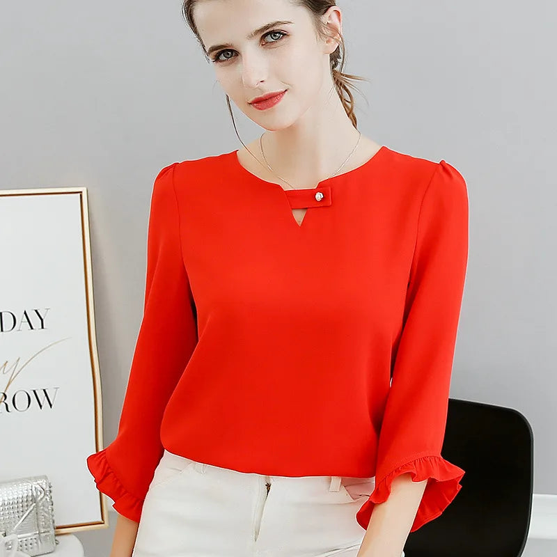 Women's Chiffon Blouse 100% Polyester Casual Solid Long Sleeve O-Neck Bow Sash Summer Office Top 5XL