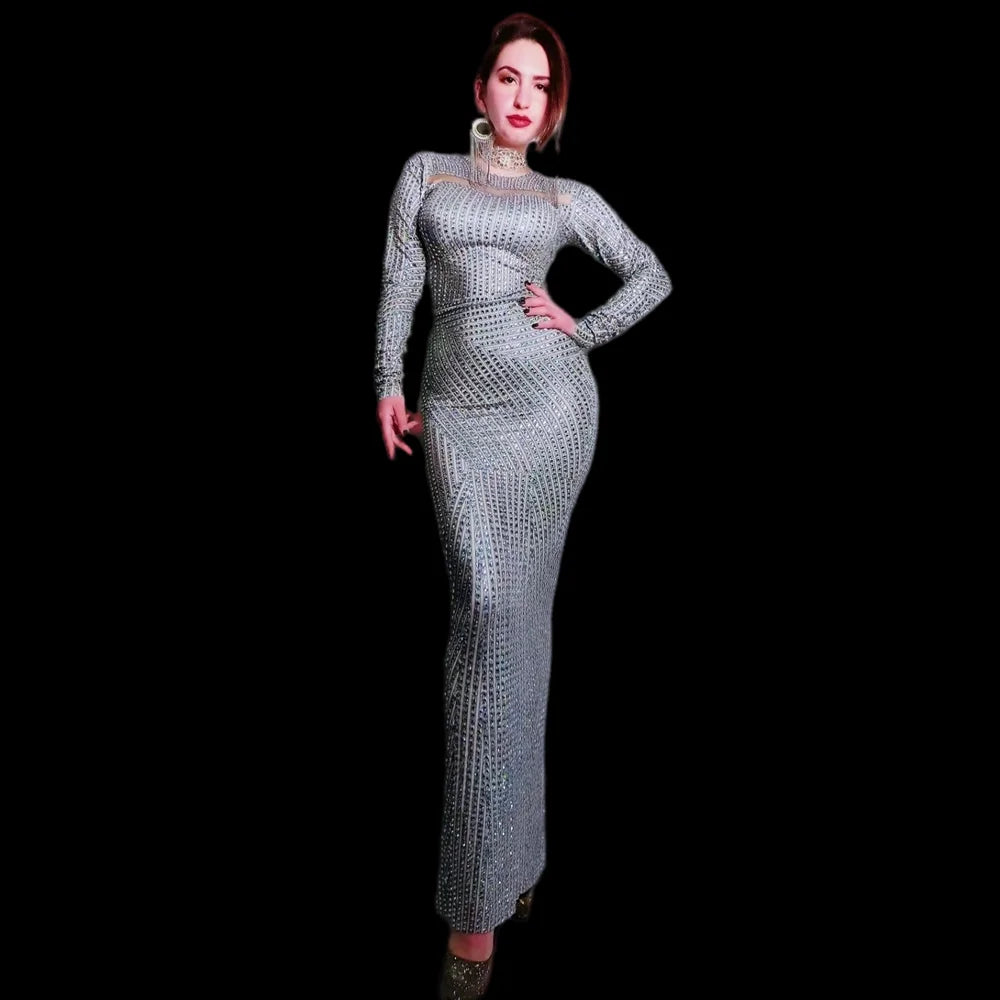 Elegant Long Sleeves Rhinestone Ball Gown Plus Size Birthday Wedding Bride Prom Party Dress Women Banquet Evening Maxi Dress