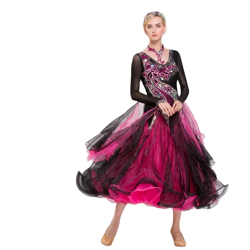 B-16247 Women Ballroom Dance Dress Long Sleeve Modern Dance Dress Waltz National Standard Dance Clothes Competition Dress