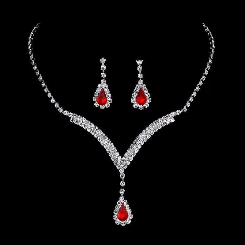 2026 Wedding Fashion Full Diamond V-neck Water Drop Pendant Necklace Ear Stud Set