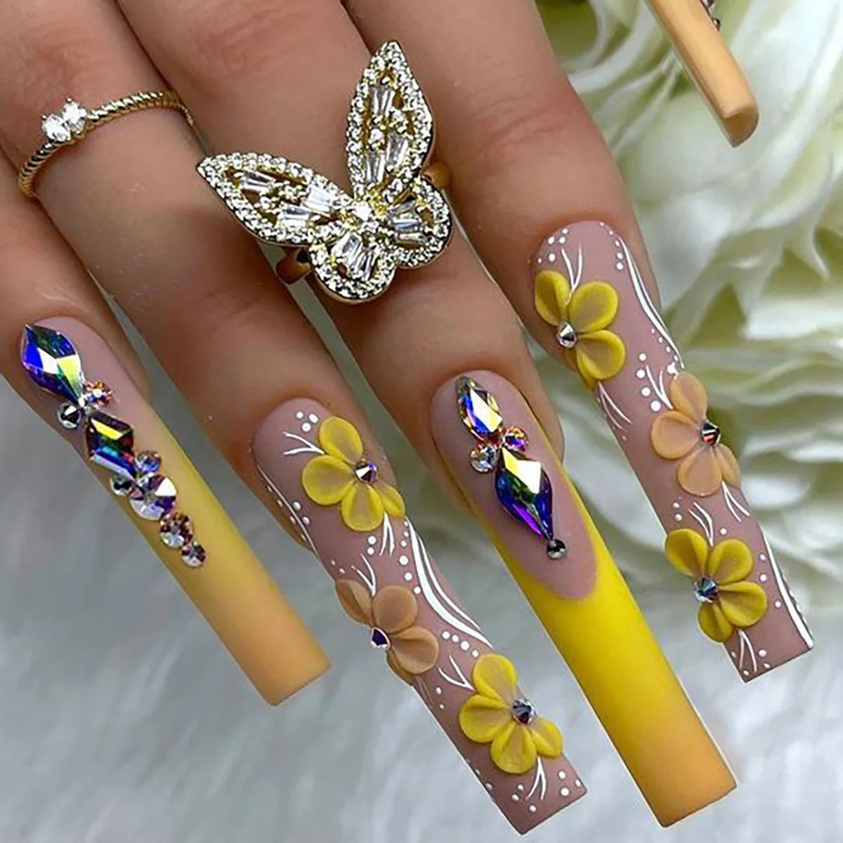 Wholesale Acrylic Private Label 24pcs Fake Nails Abs Soft Gel Artificial Nail Tips Art Long Square Diamond Yellow Press on Nails
