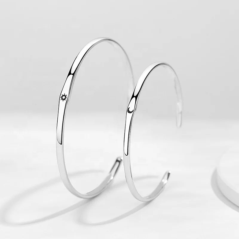 Fashion Jewelry Romantic Moon and Sun Design 925 Sterling Silver Couple Cuff Bracelets & Bangles for Women and Men