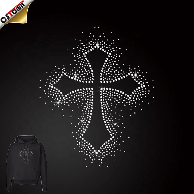 Custom Stickers Cross Hot Fix Rhinestone Transfer Motif Heat Transfer Design for Hoodie