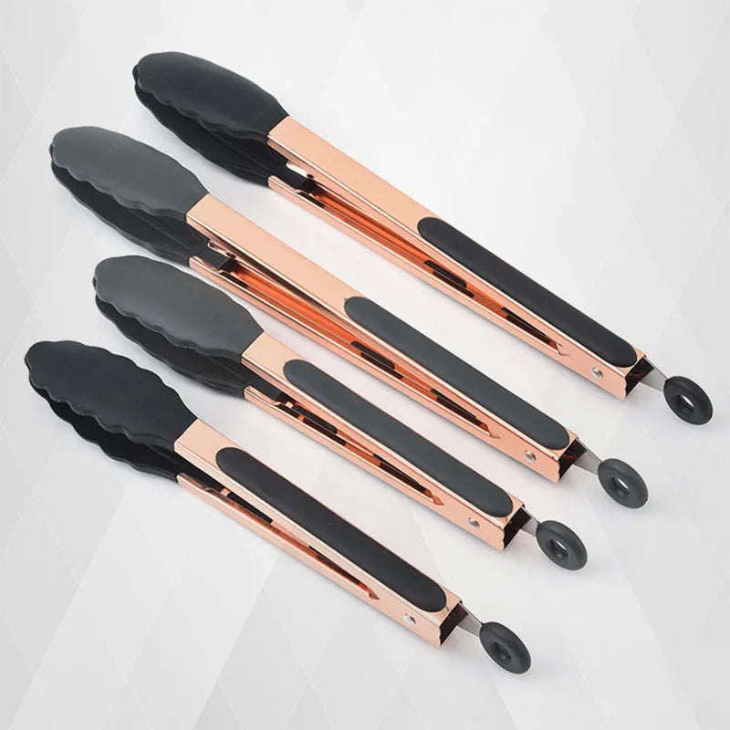 In Stock 7 9 12 Inch Thin Rose Gold Stainless Steel Kitchen Food Tongs