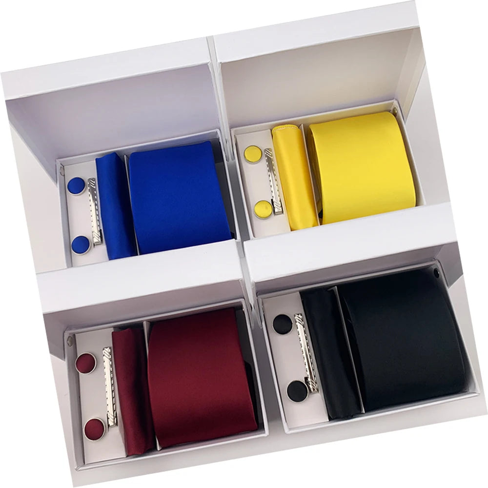 8CM Black Navy Blue Red Solid Silk Man Tie Set Pocket Square Cufflinks Tie Bar Necktie Set in Gift Box
