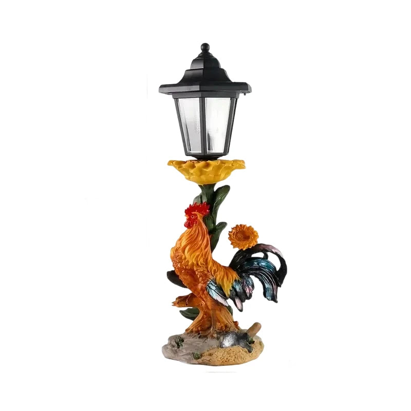 Solar-Powered Rooster Sunflower Garden LightColorful Resin Rooster Statue with Vintage Lantern for Outdoor Patio and Yard Decor