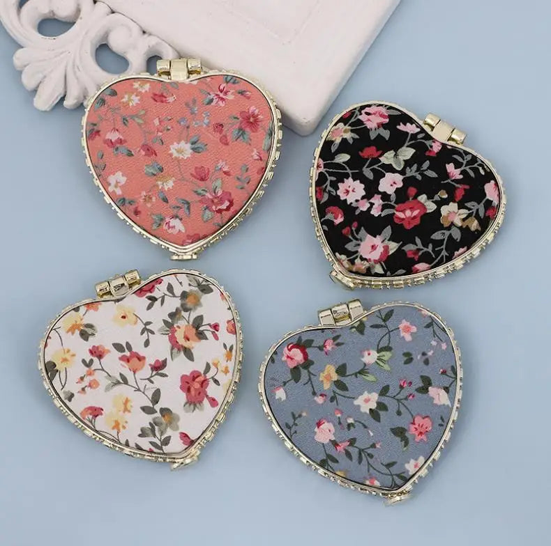 Vintage Heart Shaped Cloth Cover Small Pocket Folding Compact Cosmetic Mirror Portable Travel Gift Double Side Makeup Mirrors