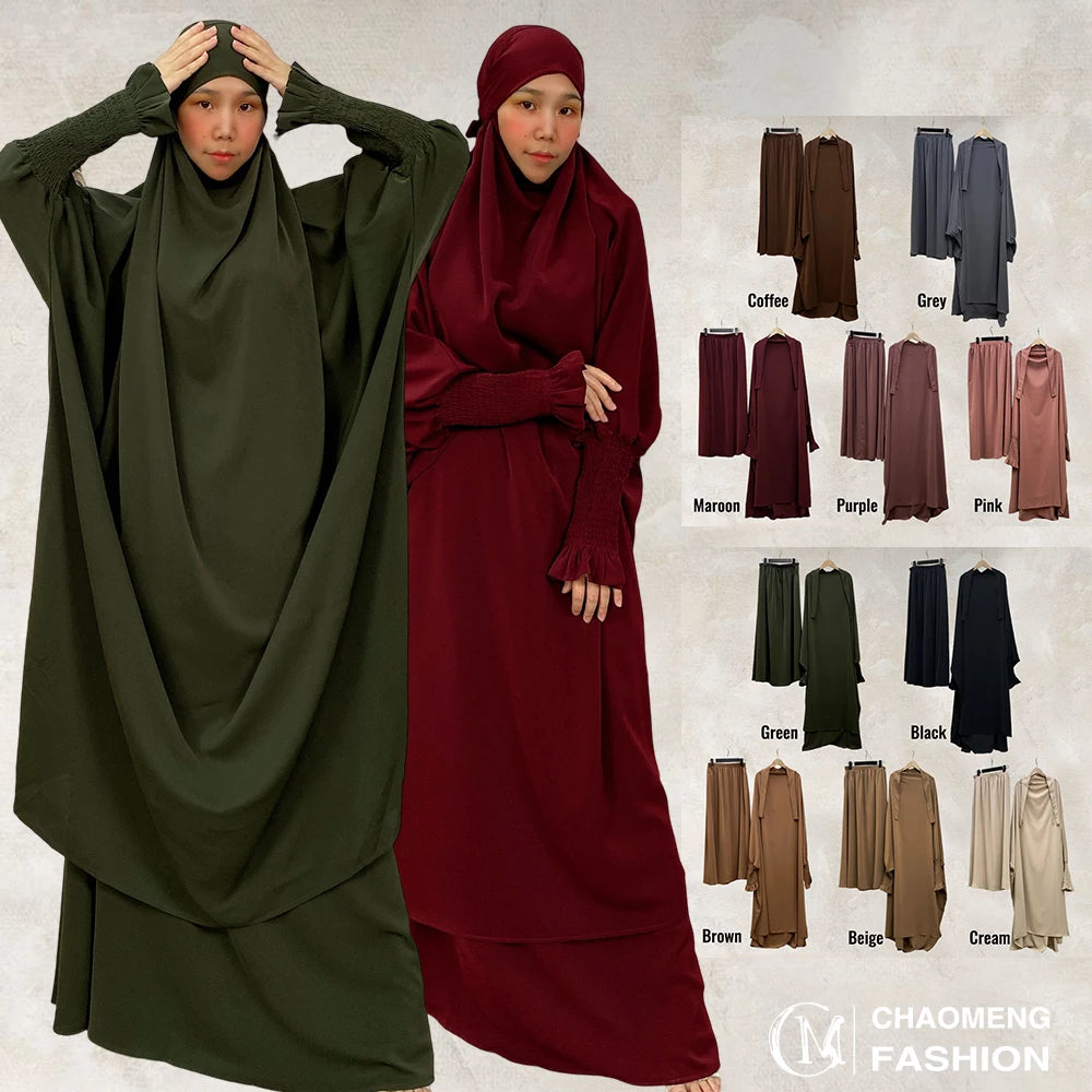 6608# Ramadan Popular Simplicity Solid Color 2 Pieces Long Top and Skirt With Side Pockets Abaya Sets Modest Khimar Hijab Abaya