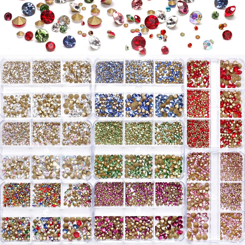 6Grid Nail Art Rhinestones Tapered Bit Gem AB Pointed Bottom Nail Charms Gem Stones DIY Manicure Decoration For Nail Salon