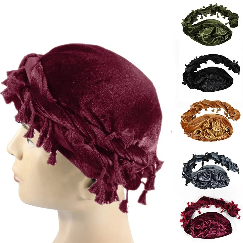 New Arrival Velvet Tassels Turban Muslim Hijab  Cap Men Turban Head Wrap Satin Lined Head Scarf Hat for Men