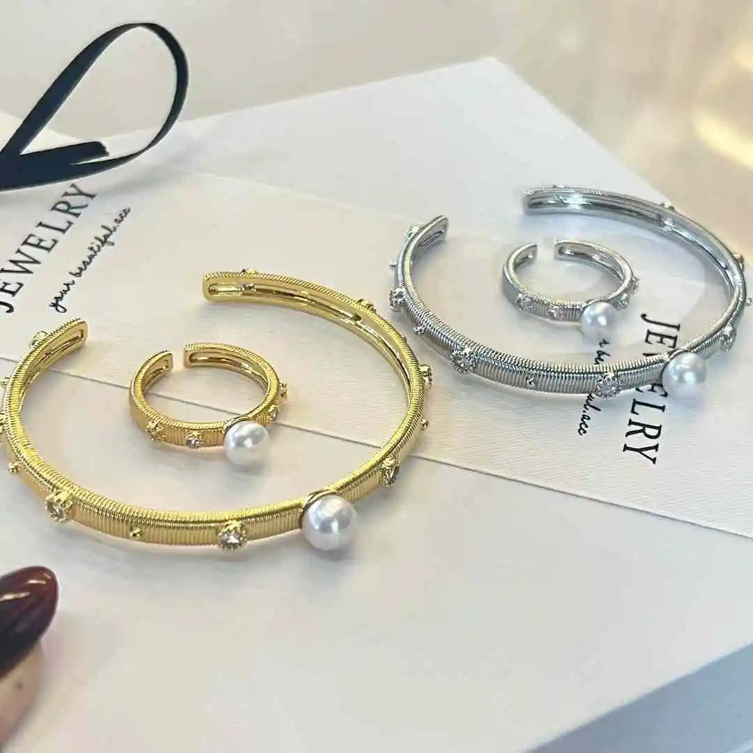 High-End Retro Vintage Two-Piece Set 6-7+8-9mm Natural Freshwater Pearl Bracelet Ring for Engagement and Anniversary Jewelry
