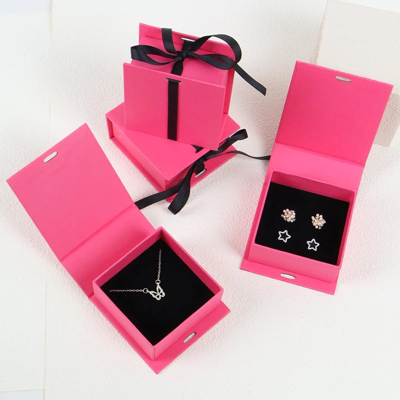 Luxury Pink Black Color Magnetic Perfume Cardboard Box Ribbon Gift Box Sponge Lining Gold Foil Embossing Jewelry Gift Packaging