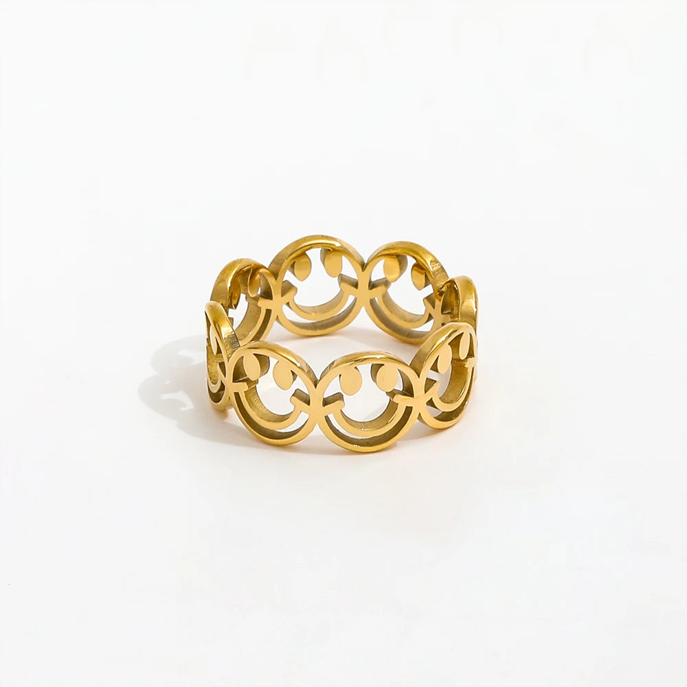 High End 18K Plain Gold Love Smile Face Hollow Rings Stainless Steel Trendy Simple Gold Plated Jewelry