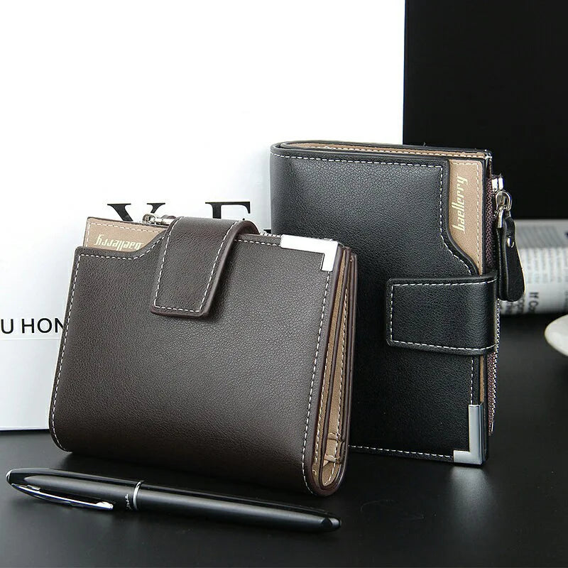 Men's Casual Business Vintage Zipper Wallet Multifunctional PU Leather ID Cardholder Short Casual Coin Wallet Vertical Polyester