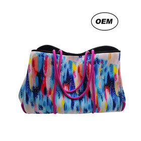 2021 Hot Selling Portable Perforated Sublimation Neoprene Handbag Women's Beach Tote Bag